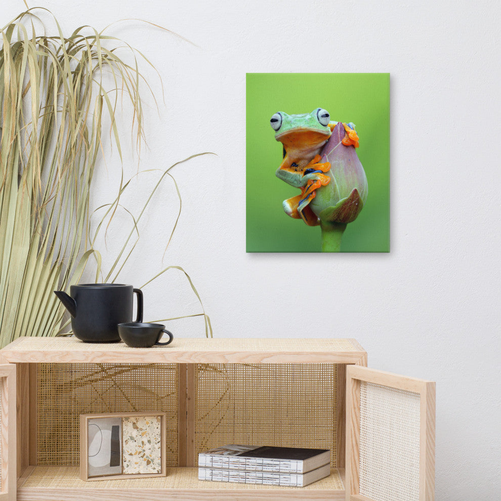 Tiny Green Tree Frog on Lotus Bloom Wildlife Floral Photo Canvas Wall Art Prints, 16" X 20"