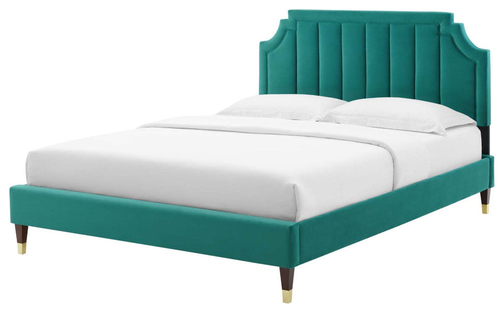 Platform Bed Frame, King Size, Velvet, Teal Blue, Modern Contemporary, Bedroom