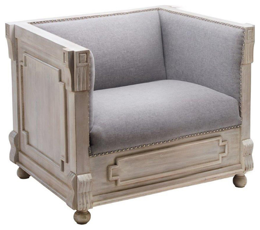 White Wash Carved Wood Upholstered Lounge Accent Chair Bohemian Style