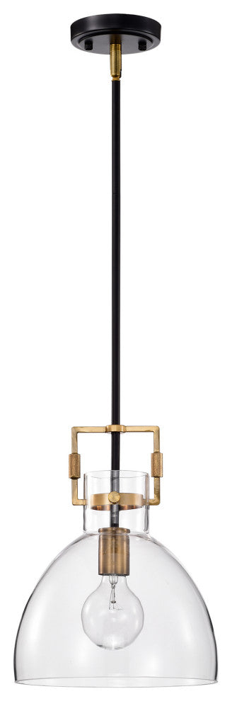 1-Light Black and Antique Gold 10 in. Bowl Glass Pendant
