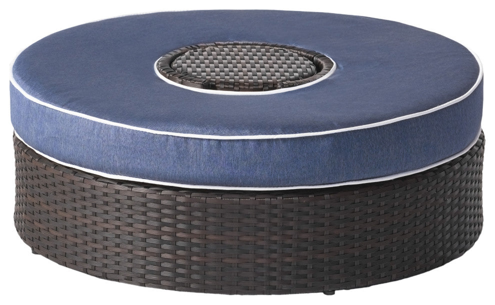 Boden Outdoor Wicker Ottoman With Ice Bucket, Brown/Navy Blue