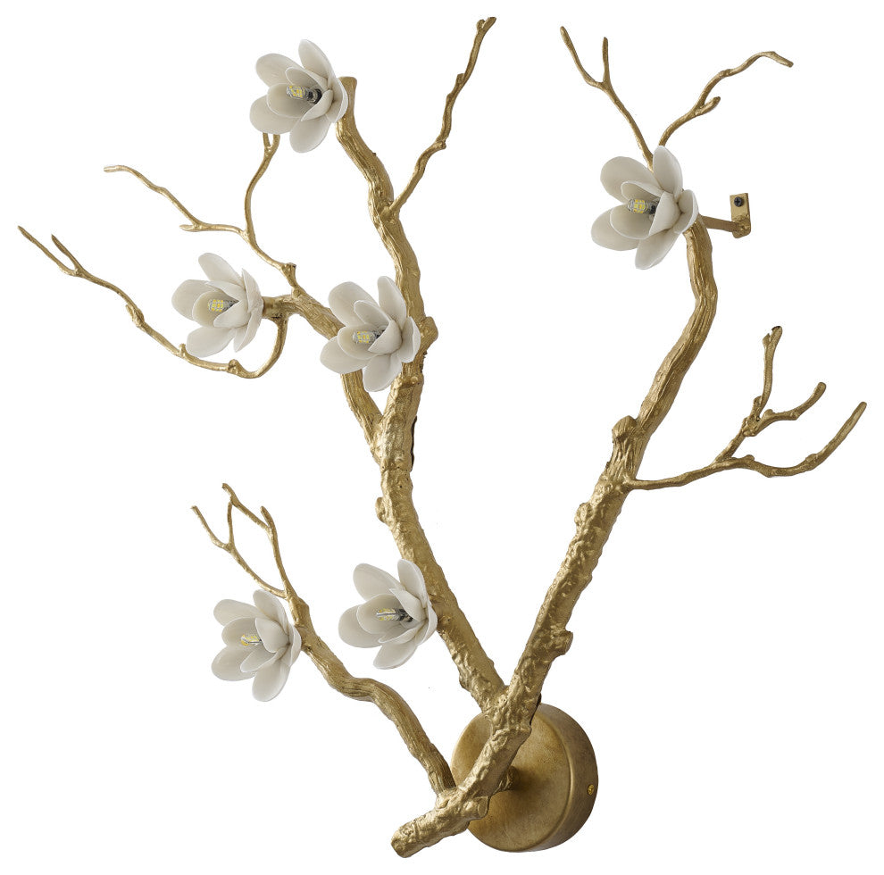 6-Light Brass Aluminum Wall Sconce With White Ceramic Shades