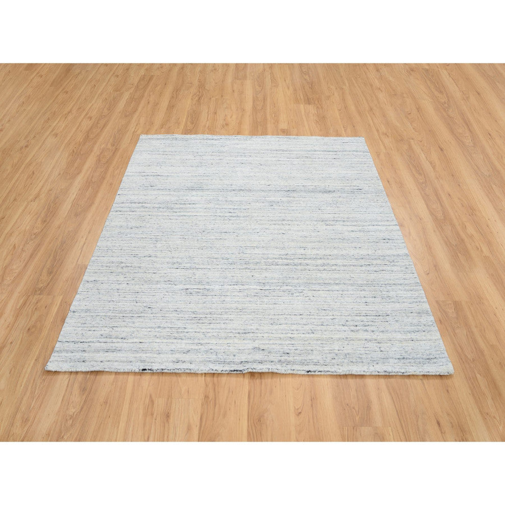 Ivory Soft Wool Hand Loomed Plain Modern Striped Design Square Rug, 6'0"x6'0"