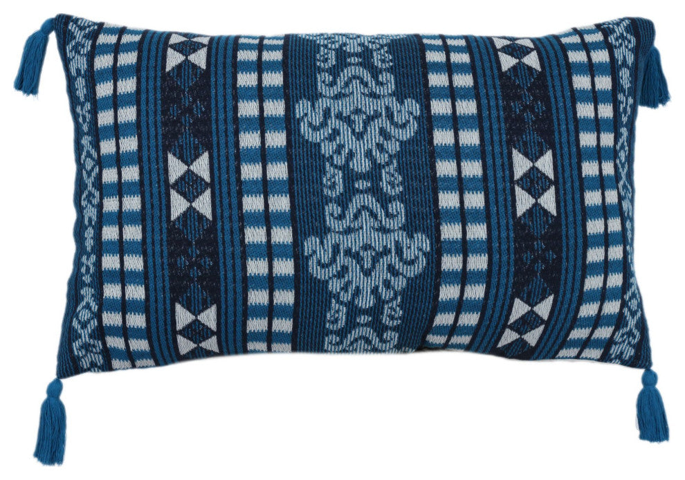 Blue Machine Woven with Tassels Derbigny Throw Pillow, 16" x 26"