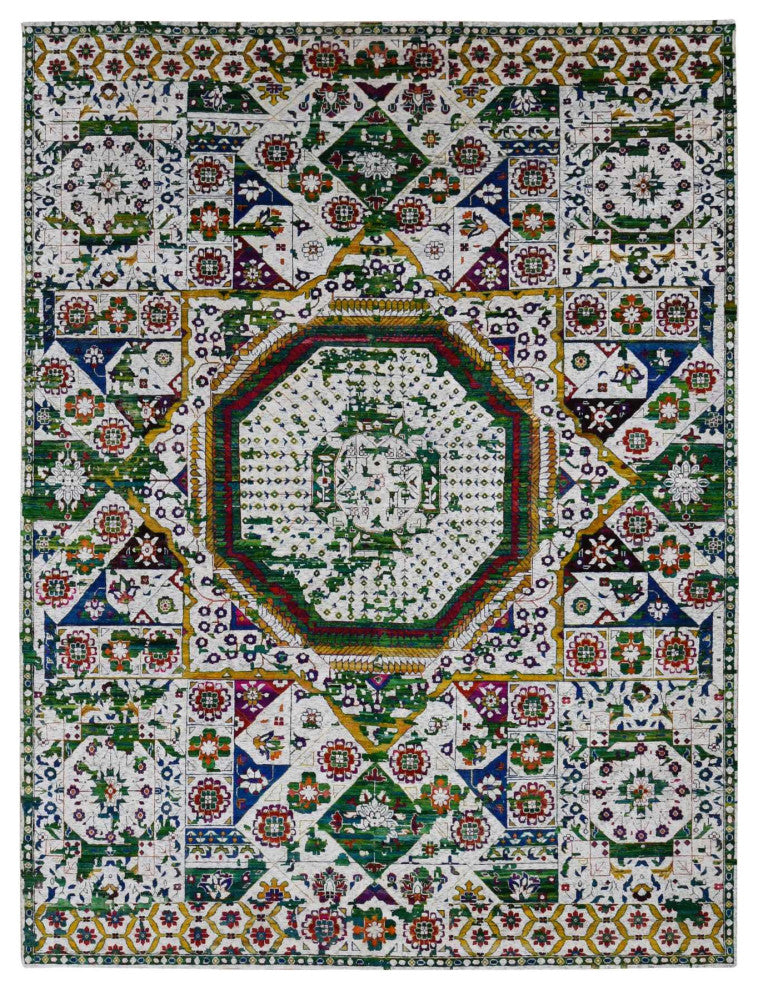 Ivory Sari Silk Colorful Mamluk Design Hand Knotted Oriental Rug 9'x12'1"