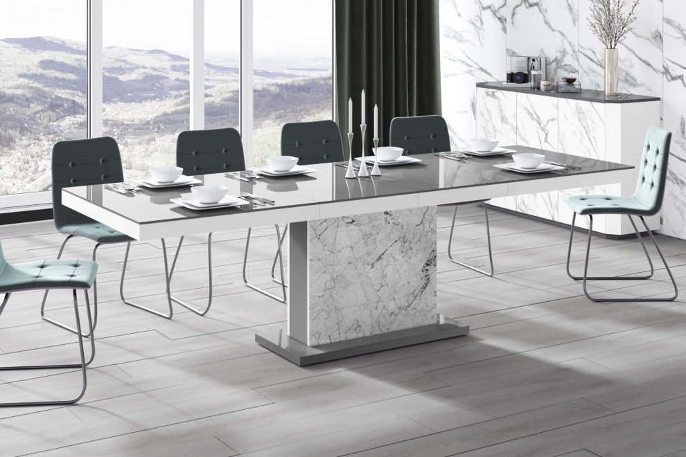 MOKA Dining Table with Extension, Grey/White Venatino
