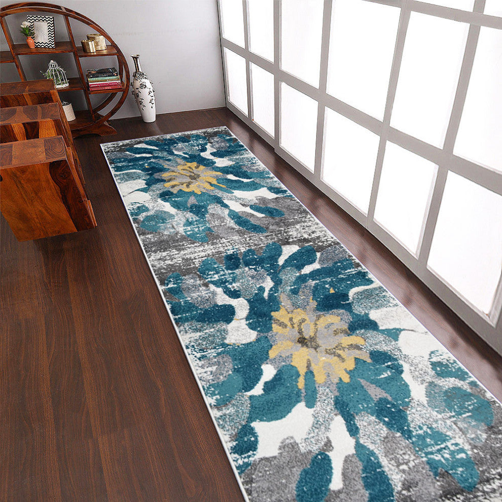 MACHINE MADE HEATSET POLYPROPYLENE AREA RUGS  - Silver Blue, Abstract Design, [Runner] 3'2''x10'