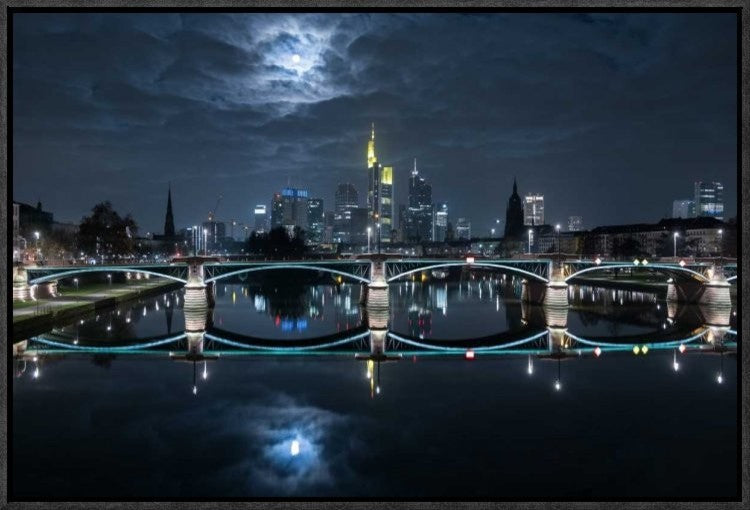 "Frankfurt At Full Moon" Framed Canvas Giclee by Mike Match-Photo, 23x16"