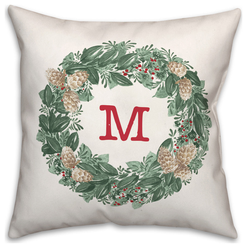 Christmas Wreath Monogram M 18x18 Spun Poly Pillow