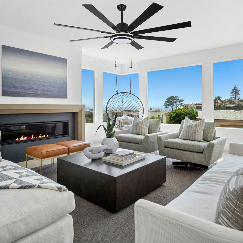 72" Modern Ceiling Fan with Reversible Blades, Dimmable Light and Remote, Black, 72"