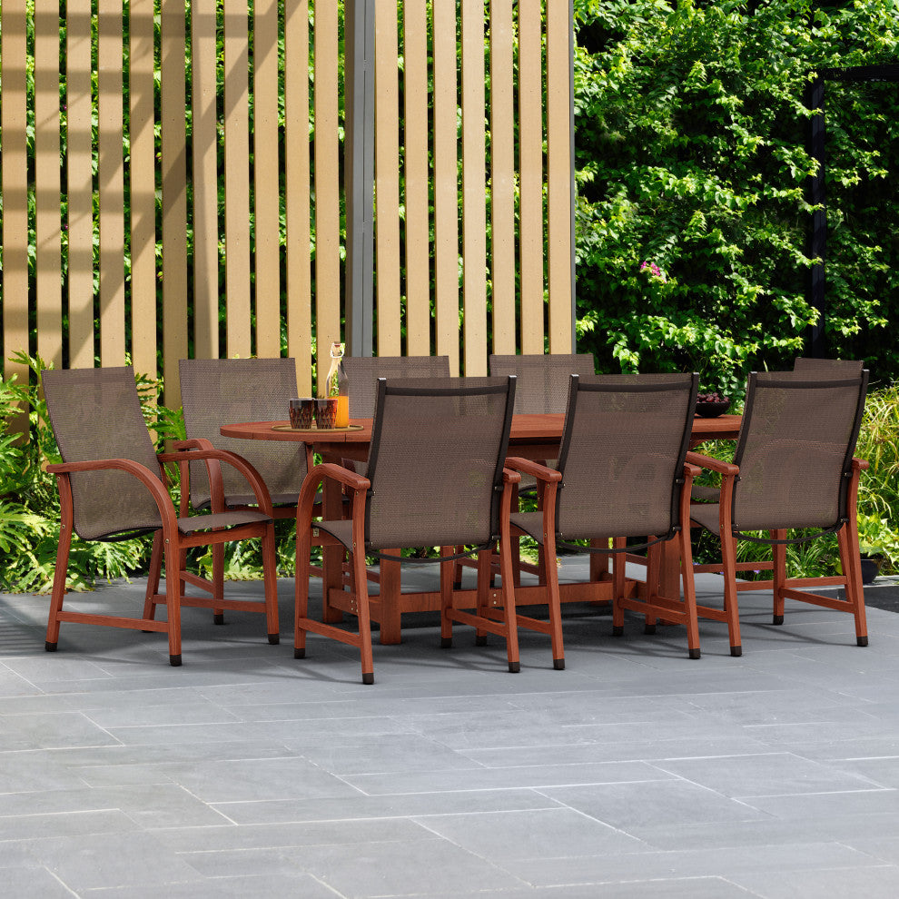 Amazonia Bahamas 9-Piece Eucalyptus Extendable Dining Set With Brown Sling Chair
