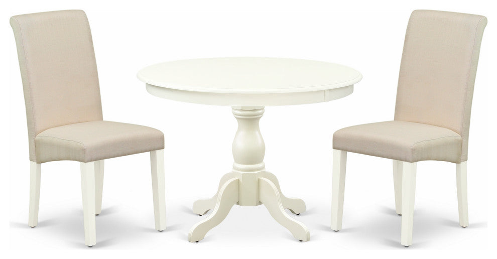 3 Pc Dining Set, Linen White Table, 2 Cream Chairs, High Back, Linen White