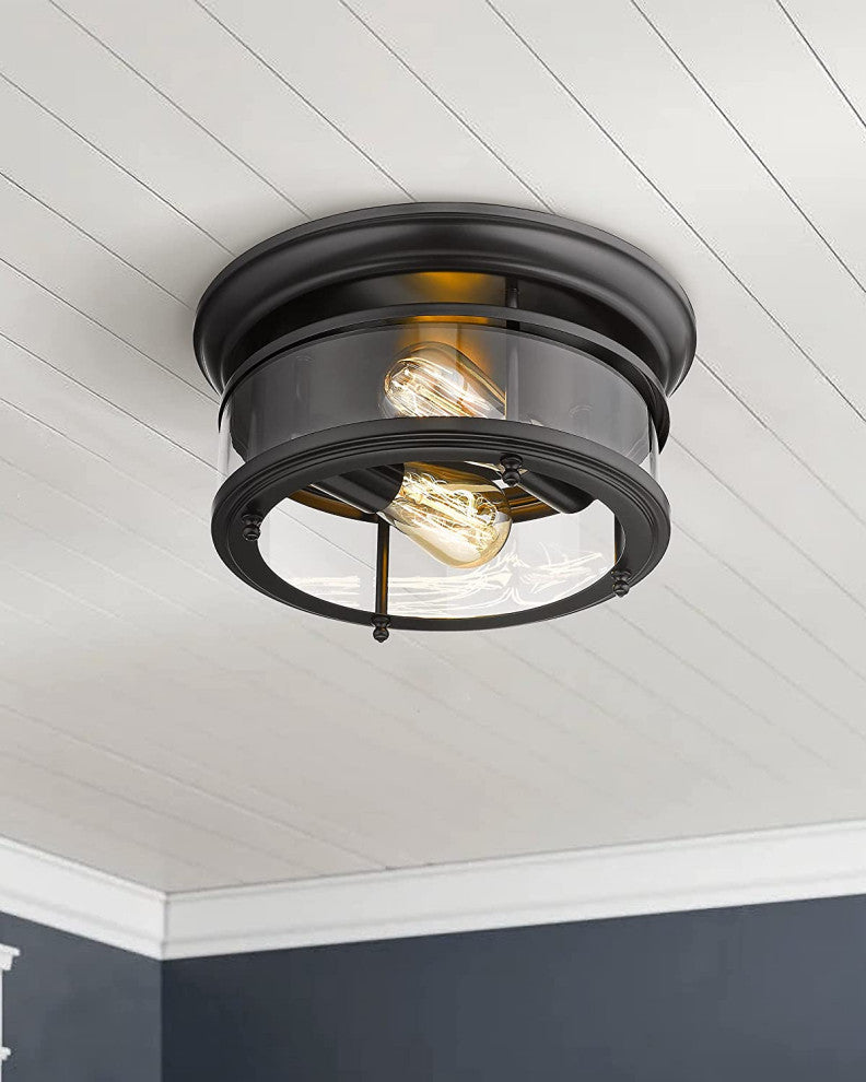 2 Light Ceiling Light, Industrial, Flush Mount Ceiling Lamp, Glass Shade