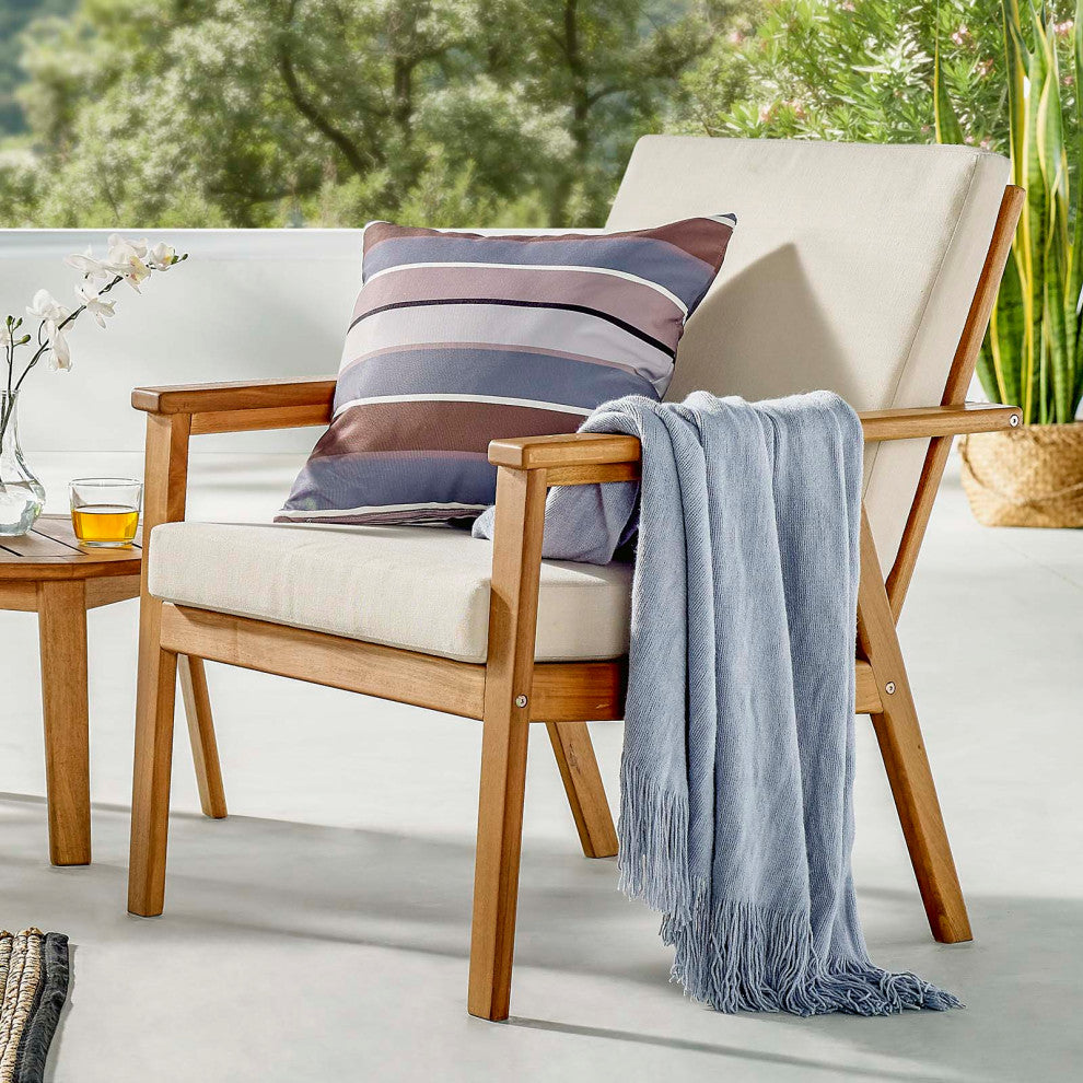Lounge Chair Armchair, Wood, Brown Natural Beige, Modern, Outdoor Patio Cafe