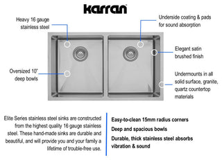 Karran 32" Undermount Double Equal Bowl Stainless Steel Kitchen Sink Kit