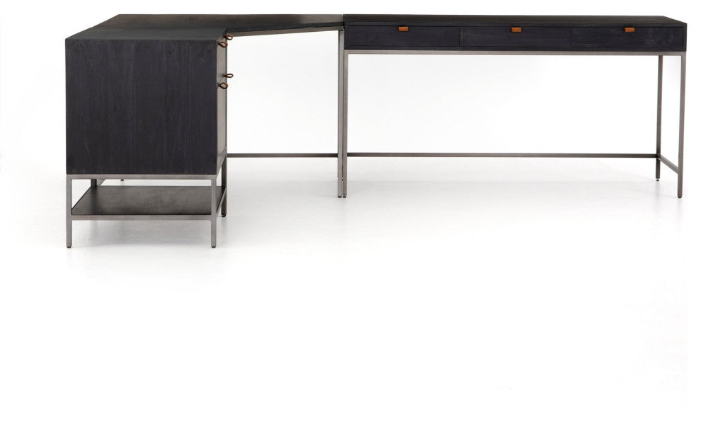 Trey Desk System With Filing Cabinet Black Wash, Natural Iron, Toffee Leather