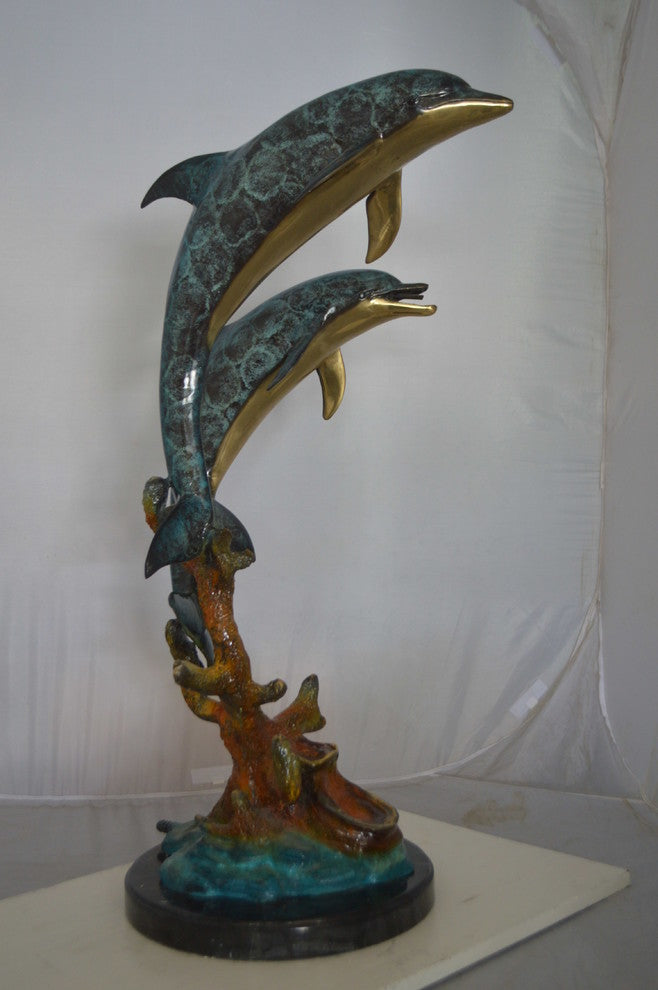 Two Dolphins fountain Bronze Statue on a marble -  Size: 19"L x 15"W x 36"H.