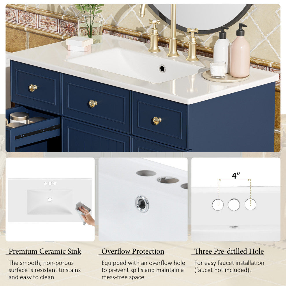 36 Inch Freestanding Bathroom Vanity with Ceramic Sink, Blue