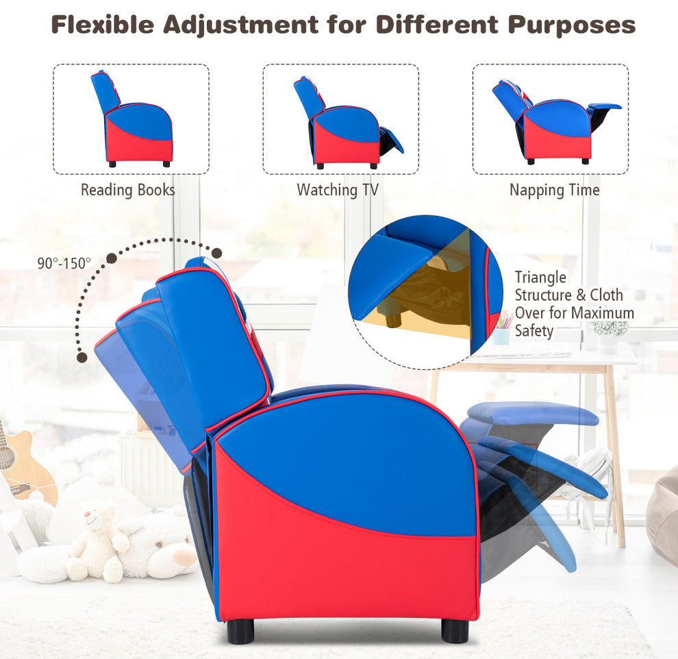 Kids Recliner Chair Gaming Sofa PU Leather Armchair w/Side Pockets Blue