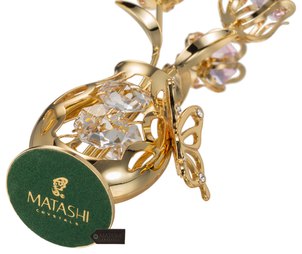 Matashi 24K Gold Plated Flower Ornament in Vase w Crystals Decorative Butterfly