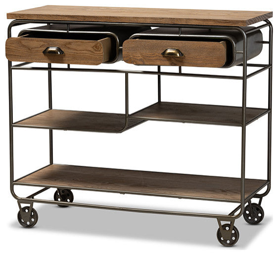 Bouck Rustic Industrial Oak Brown Wood and Black Metal 2-Drawer Kitchen Cart