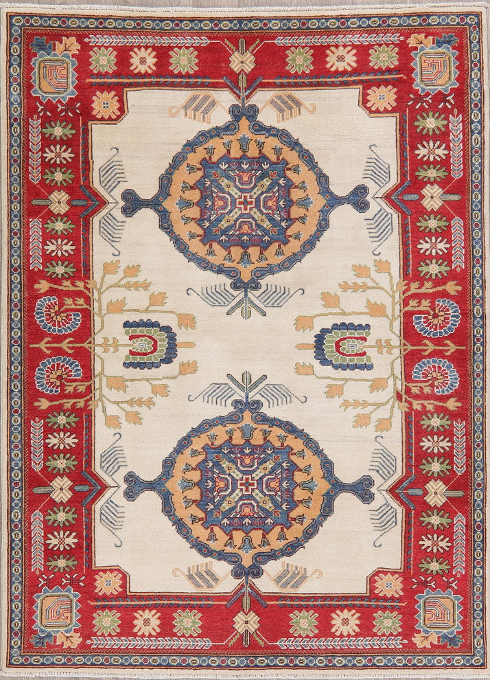 Hand-Knotted Traditional Kazak Pakistani Oriental Area Rug, Beige, 6'9"X5'0"