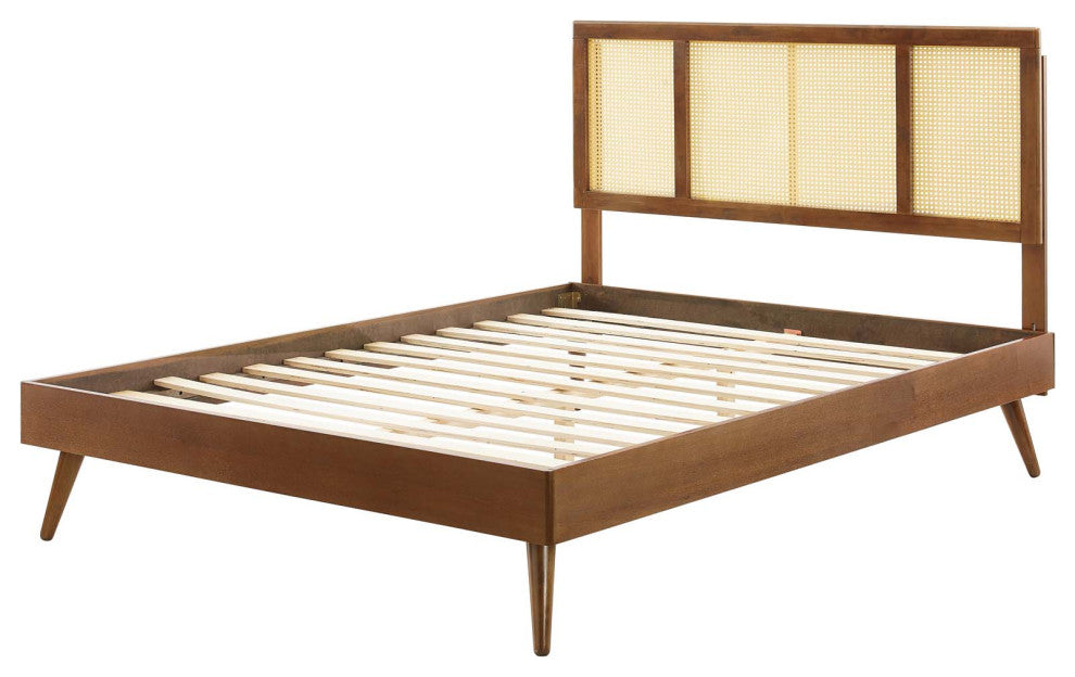 Platform Bed Frame, Full Size, Wood, Brown Walnut, Modern Mid-Century, Bedroom