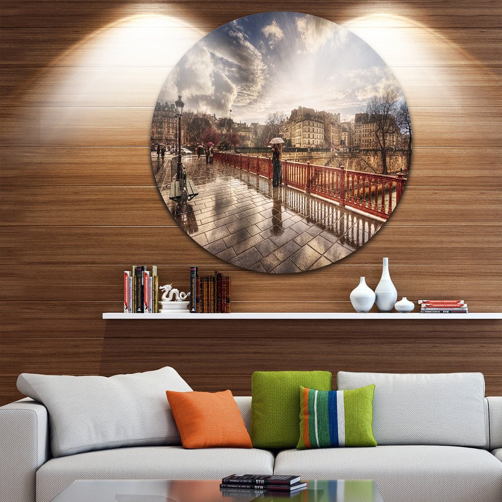 Bridge In Rain, Landscape Photo Round Metal Wall Art, 38"
