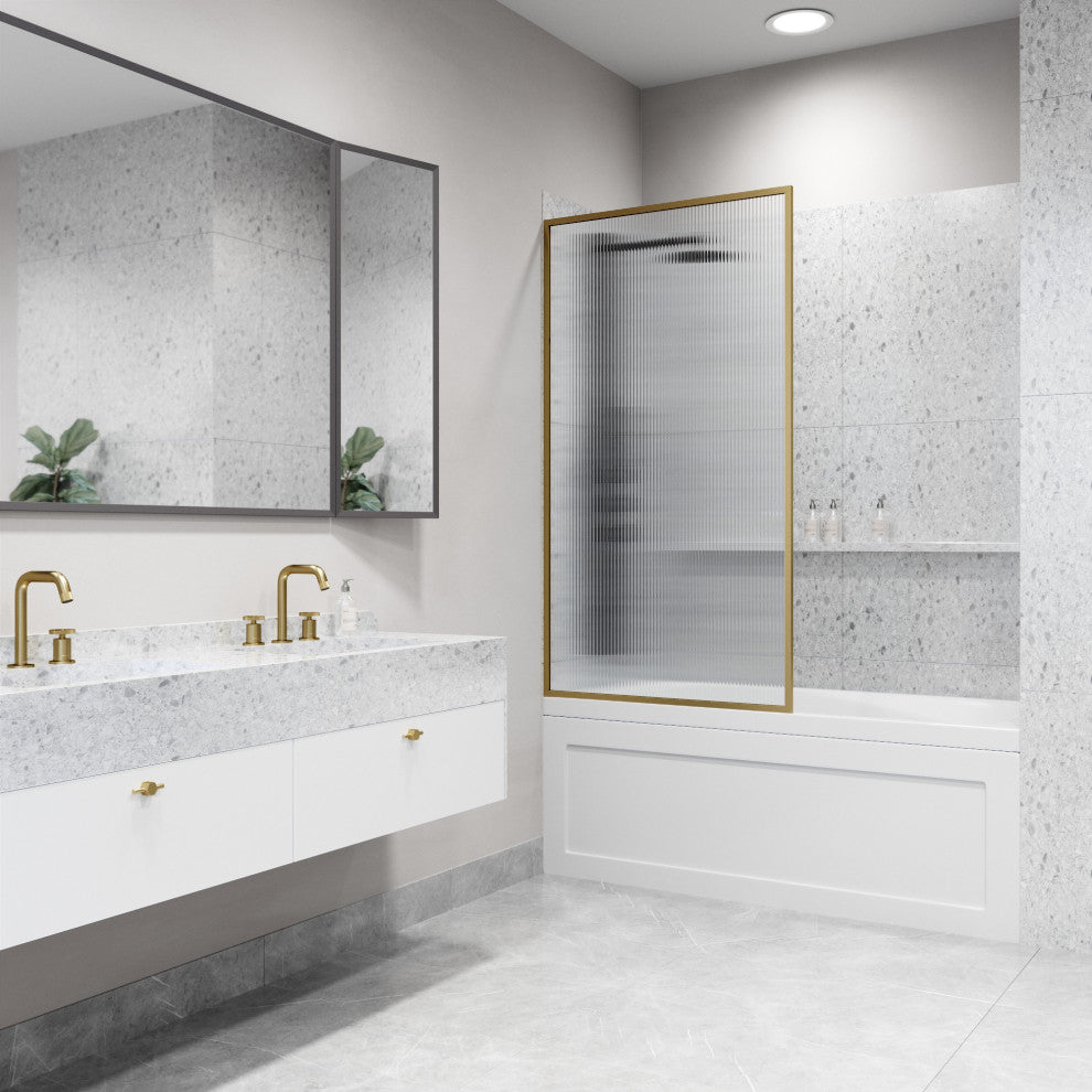 VIGO Meridian Framed Fixed, Matte Brushed Gold, Tub Screen, 34" W X 62" H, Fluted Glass