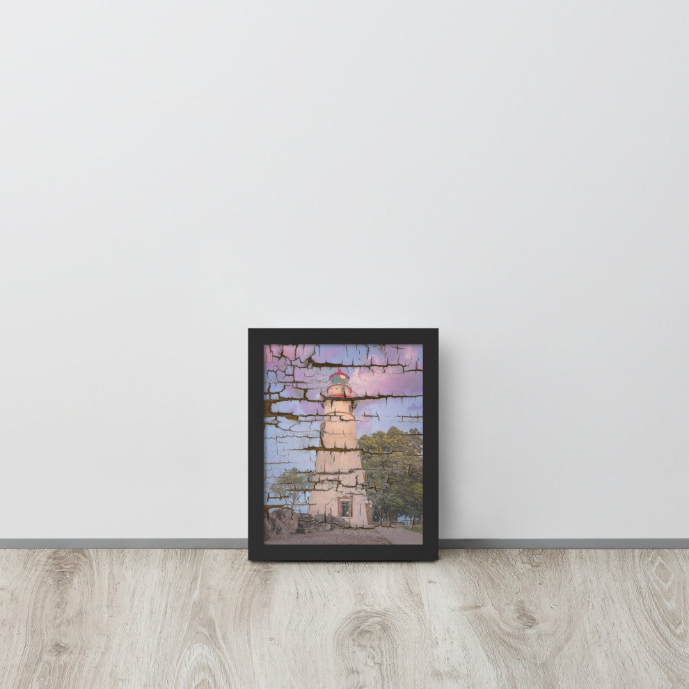 Faux Wood Texture Marblehead Lighthouse at Sunset Framed Photo Wall Art Print, Black, 8" X 10"
