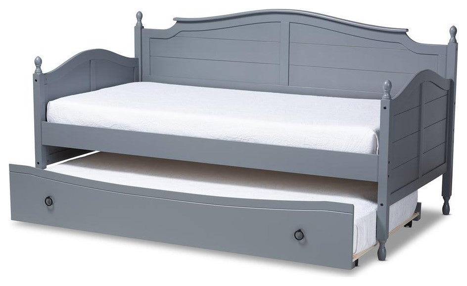 Mara Cottage Farmhouse Gray Wood Twin Size Daybed With Roll-Out Trundle Bed