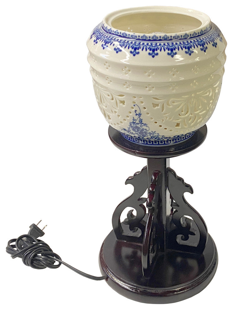 Chinese White Porcelain Shade Wood Pedestal Base Table Lamp Hws1356