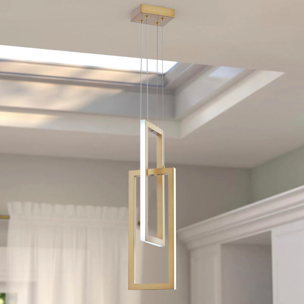 2-Light Rectangle LED Pendant Light Chandelier, Gold