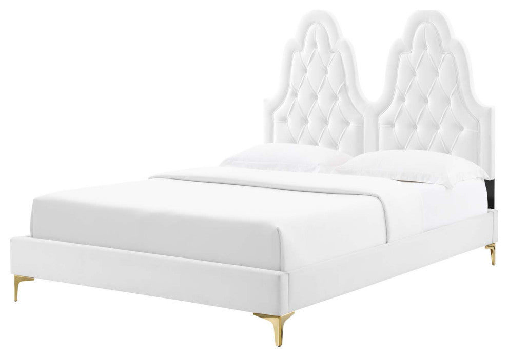 Tufted Platform Bed Frame, King Size, Velvet, White, Modern Contemporary