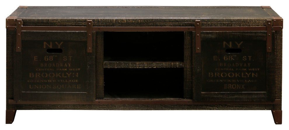 Bronze Distressed Crate Style TV console w/ Storage and Barn Door Hardware