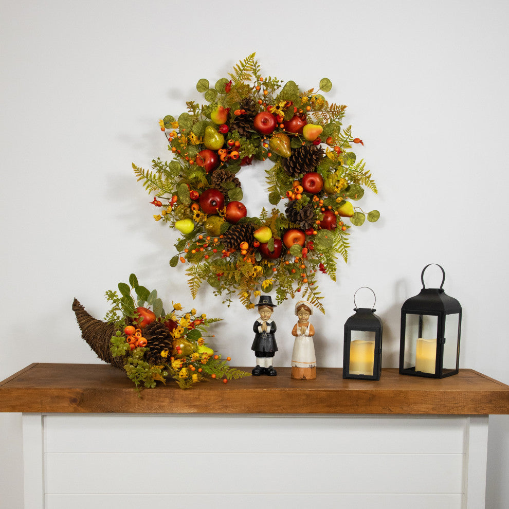 Apples and Pears Cornucopia Fall Harvest Decoration, 20"