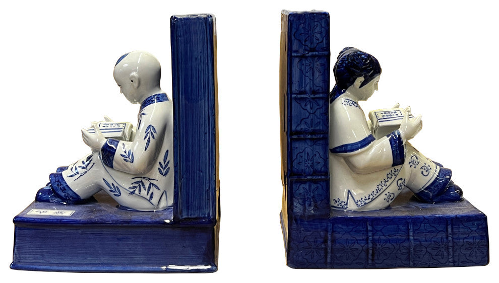 Porcelain Blue and White Kid Reading Book Figure Bookend Stopper Hws2707