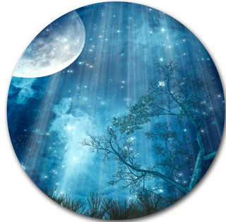 Big Moon In Blue Forest, Landscape Art Disc Metal Artwork, 23"