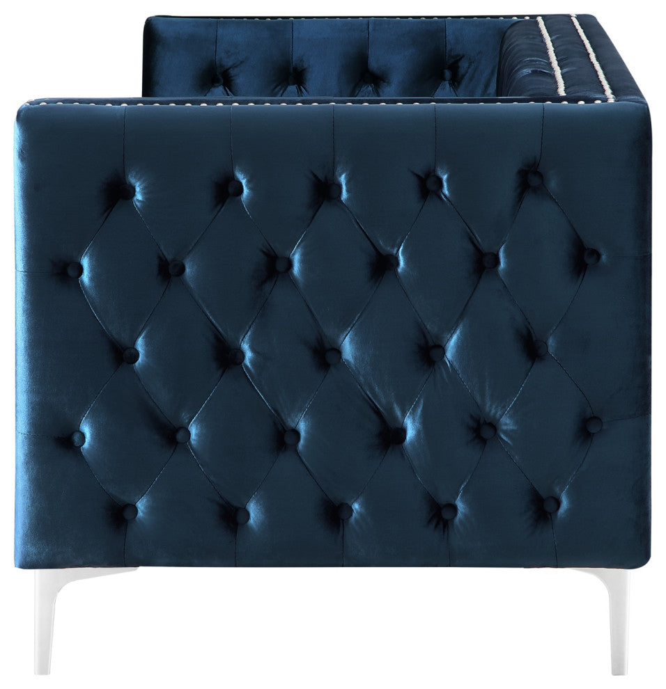 Jeannie Velvet 3-Seat Sofa Button Tufted With Metal Legs, Navy