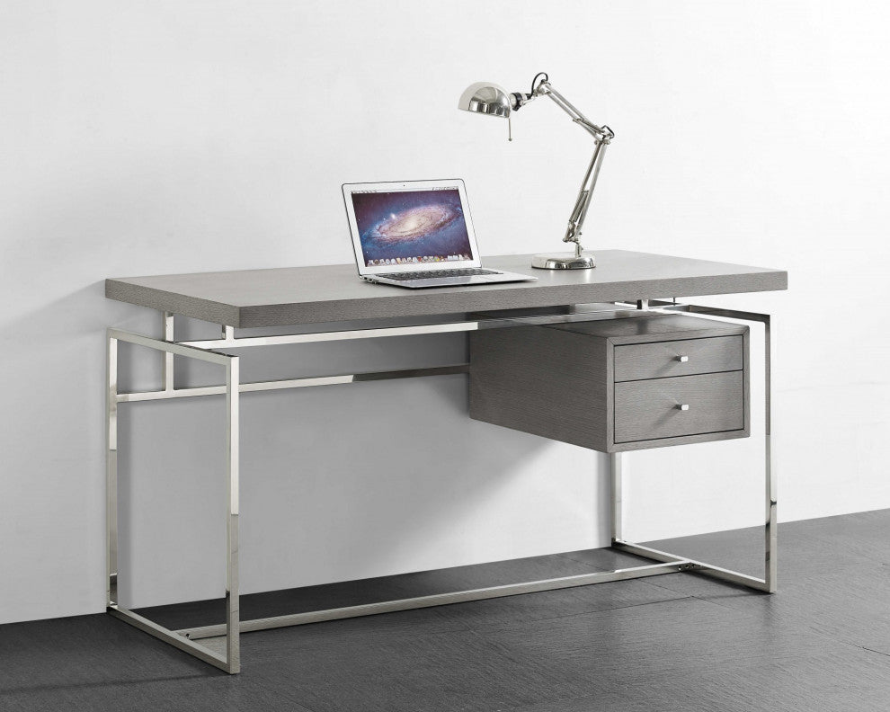 Desk Top and Drawer, Gray Oak Veneer With Stainless Steel Base