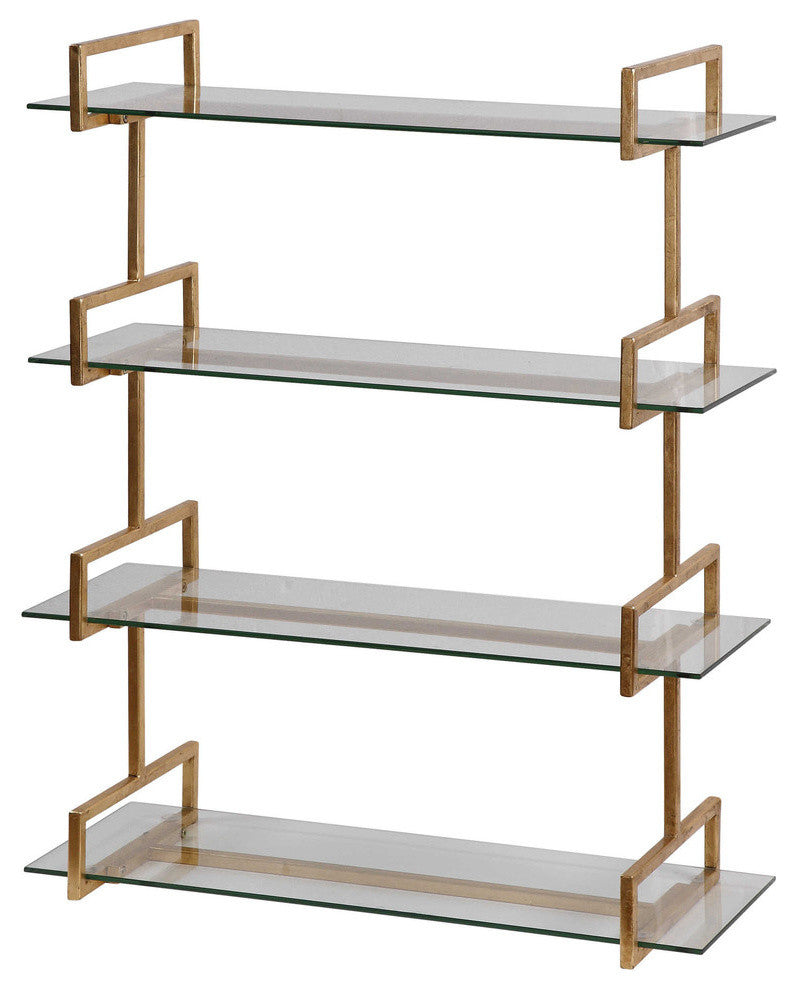 Iron Glass Wall Shelf Antiqued, Gold Metal Vintage Style 4 Shelves