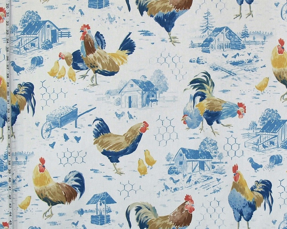 Blue chicken rooster toile fabric  farmhouse decorating , Sample Cut
