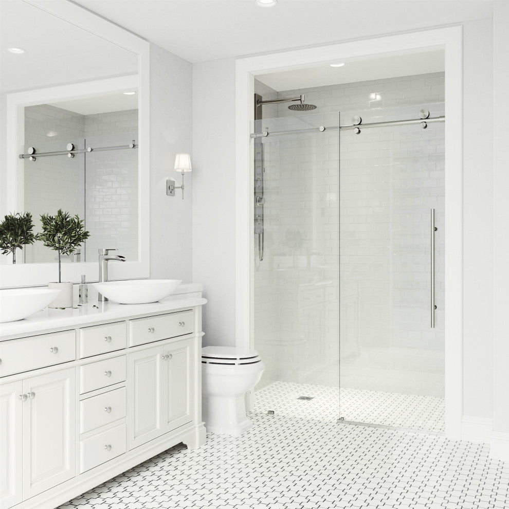 VIGO Elan E-Class 56" to 60" W x 76" H Frameless Sliding Shower Door, Stainless Steel, Clear Glass