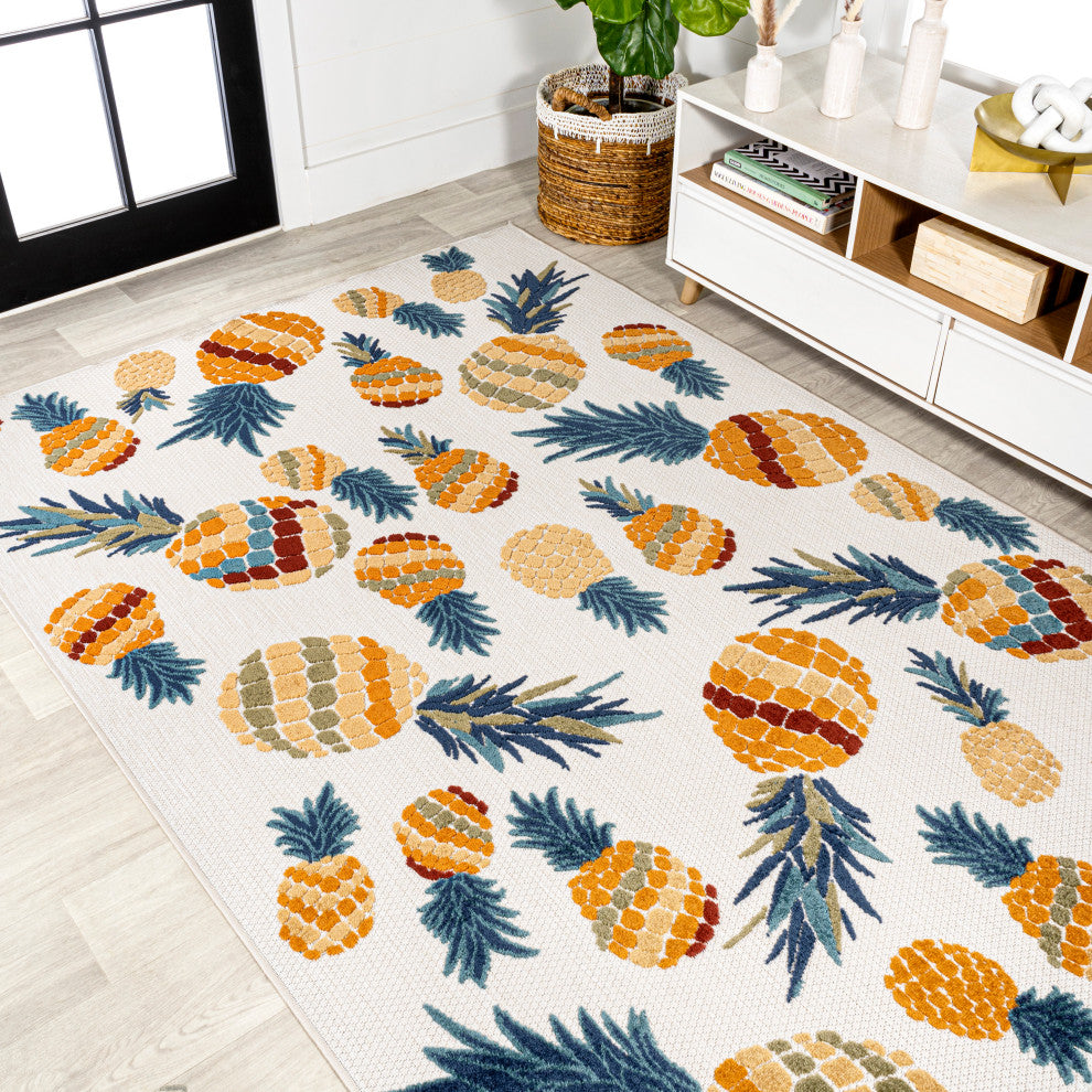 Ananas Bold Pineapple High-Low Indoor/Outdoor Area Rug, Orange/Navy, 3 X 5