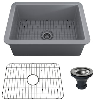 27in Undermount Single Bowl Fireclay Kitchen Sink with Grid and Drainer, Matte Gray