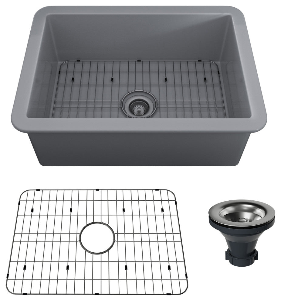 27in Undermount Single Bowl Fireclay Kitchen Sink with Grid and Drainer, Matte Gray