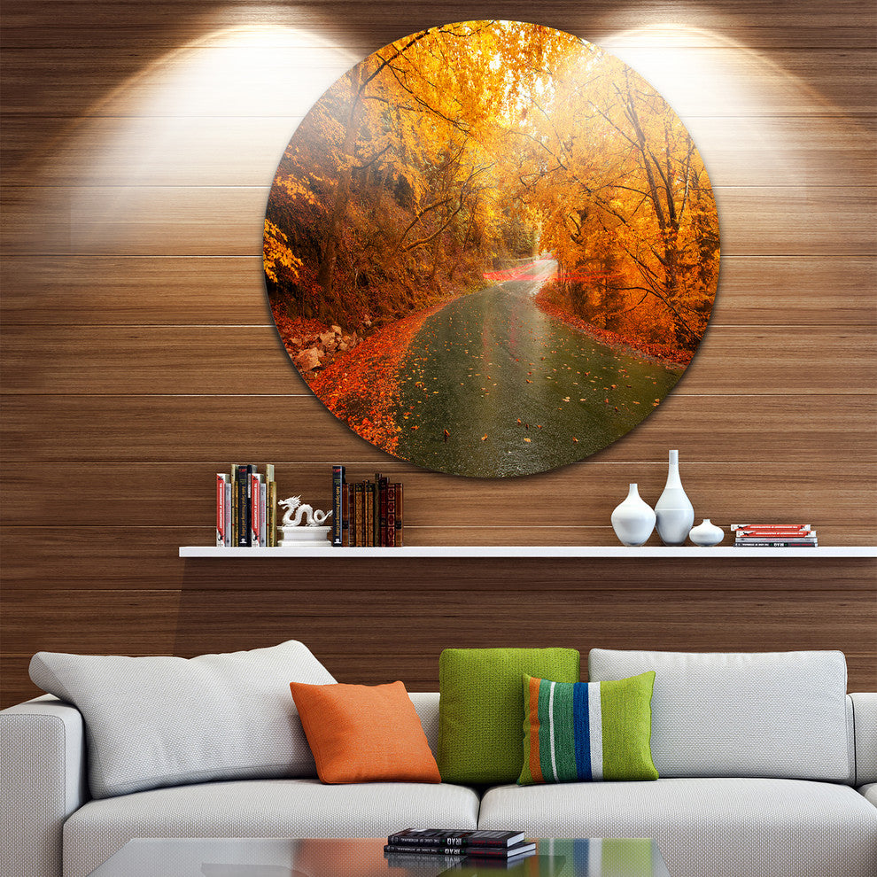 Autumn Light Trails On Road, Landscape Photo Round Wall Art, 23"