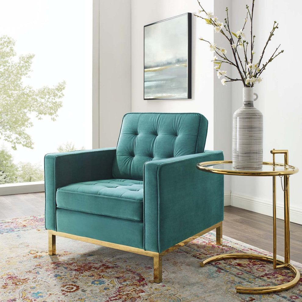 Modern Lounge Accent Side Chair Armchair, Velvet Fabric, Gold Aqua Blue