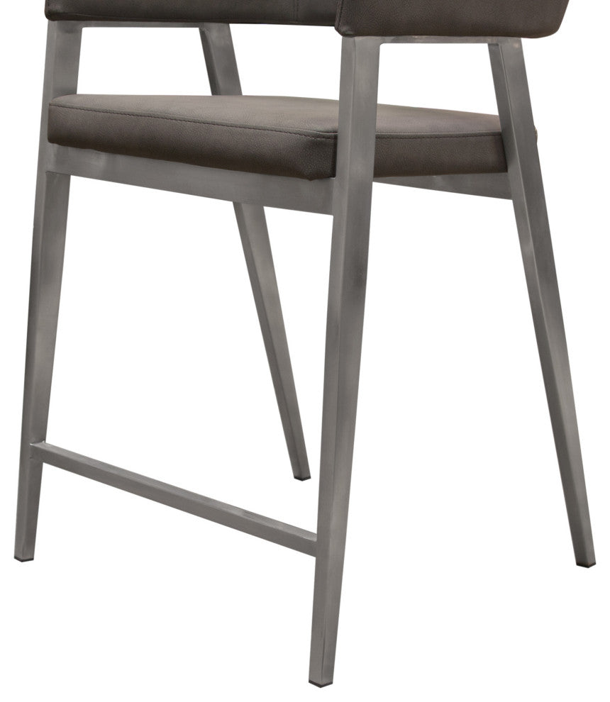 Counter Height Chairs, Set of 2, Gray Leatherette, Brushed Steel Leg