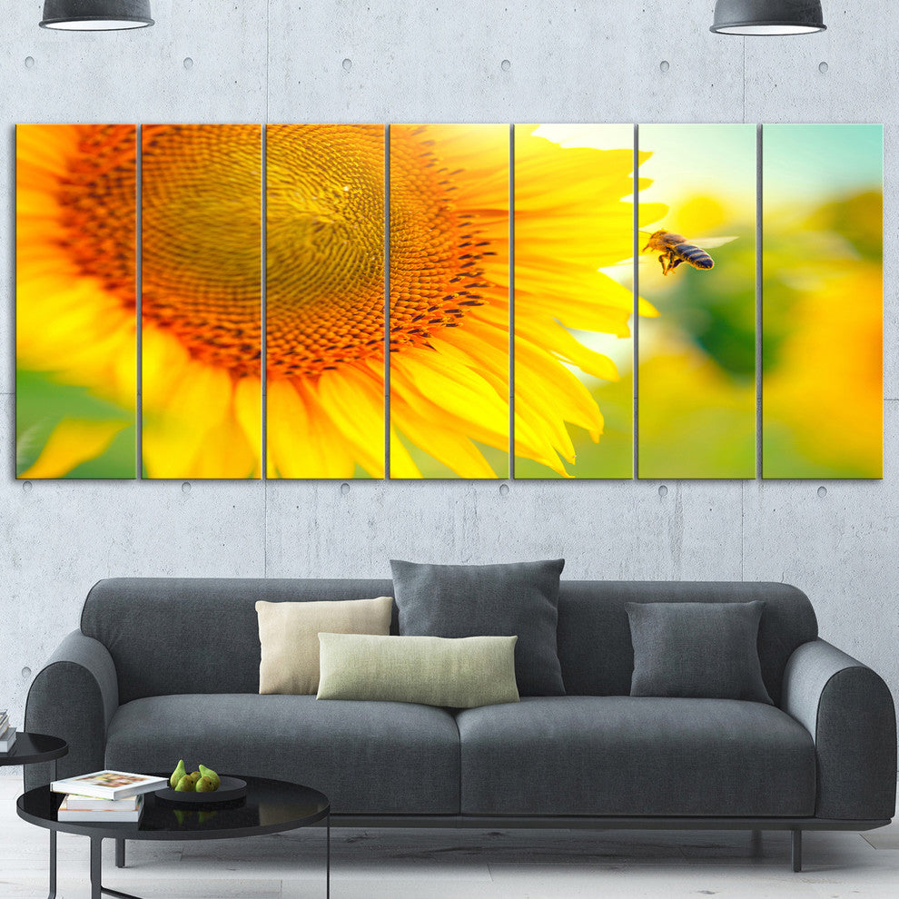 Beautiful Sunflowers Blooming, Large Animal Canvas Art Print, 83"x32", 7 Panels